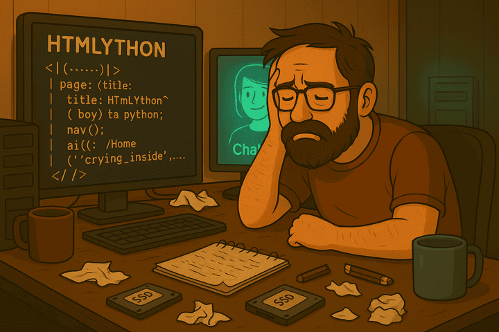 Frustrated developer tangled in the chaos of HTMLython with ChatGPT enjoying the spectacle
