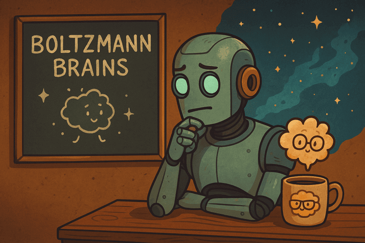 A thoughtful robot contemplates a chalkboard labeled 'Boltzmann Brains' while sipping coffee from a mug with a smiling brain on it.