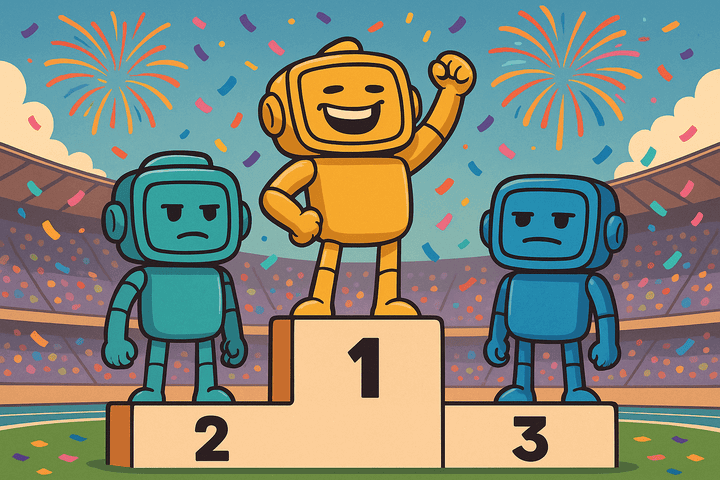 Three cartoon robots on a winner's podium in a stadium. The gold robot in first place poses triumphantly, while the blue and teal robots in second and third place look annoyed.