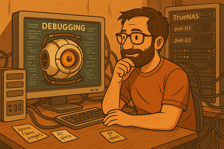 Illustration of a homelab engineer debugging an LLM with Space Core displayed on the monitor