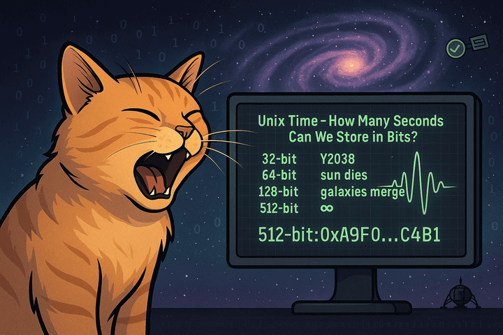 A cartoon cat sneezes in front of a glowing Unix timestamp chart with binary spiraling into space.